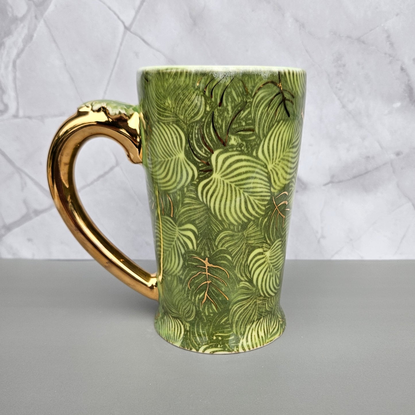 Green palm mug with 22k gold accents and handle
