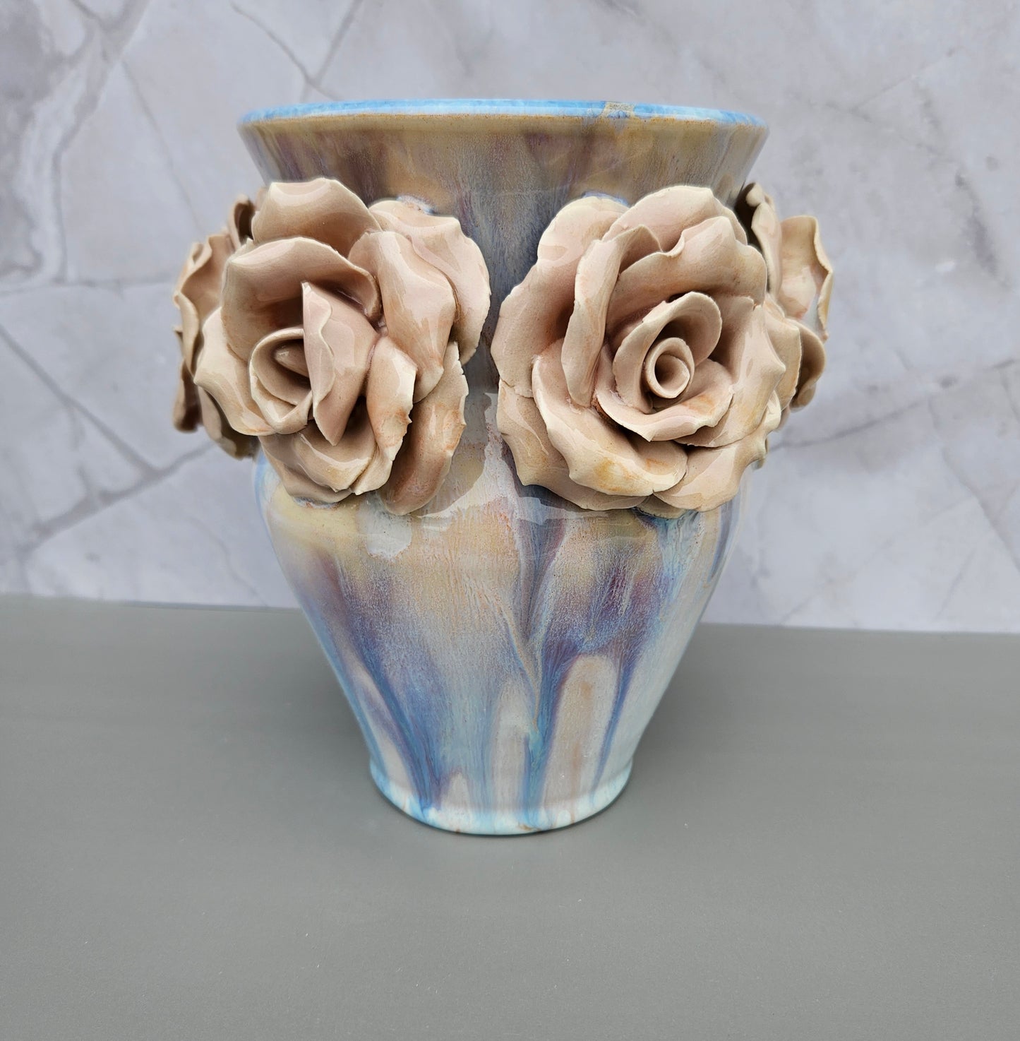 Pink, blue and white drippy rose vase, 9 inches high
