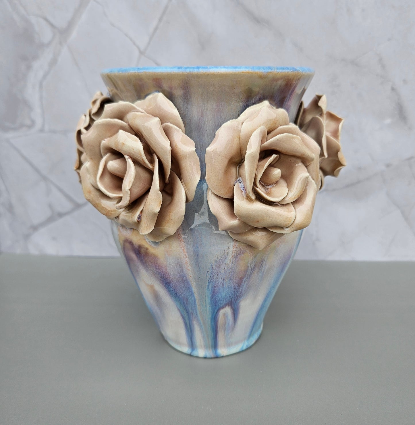 Pink, blue and white drippy rose vase, 9 inches high