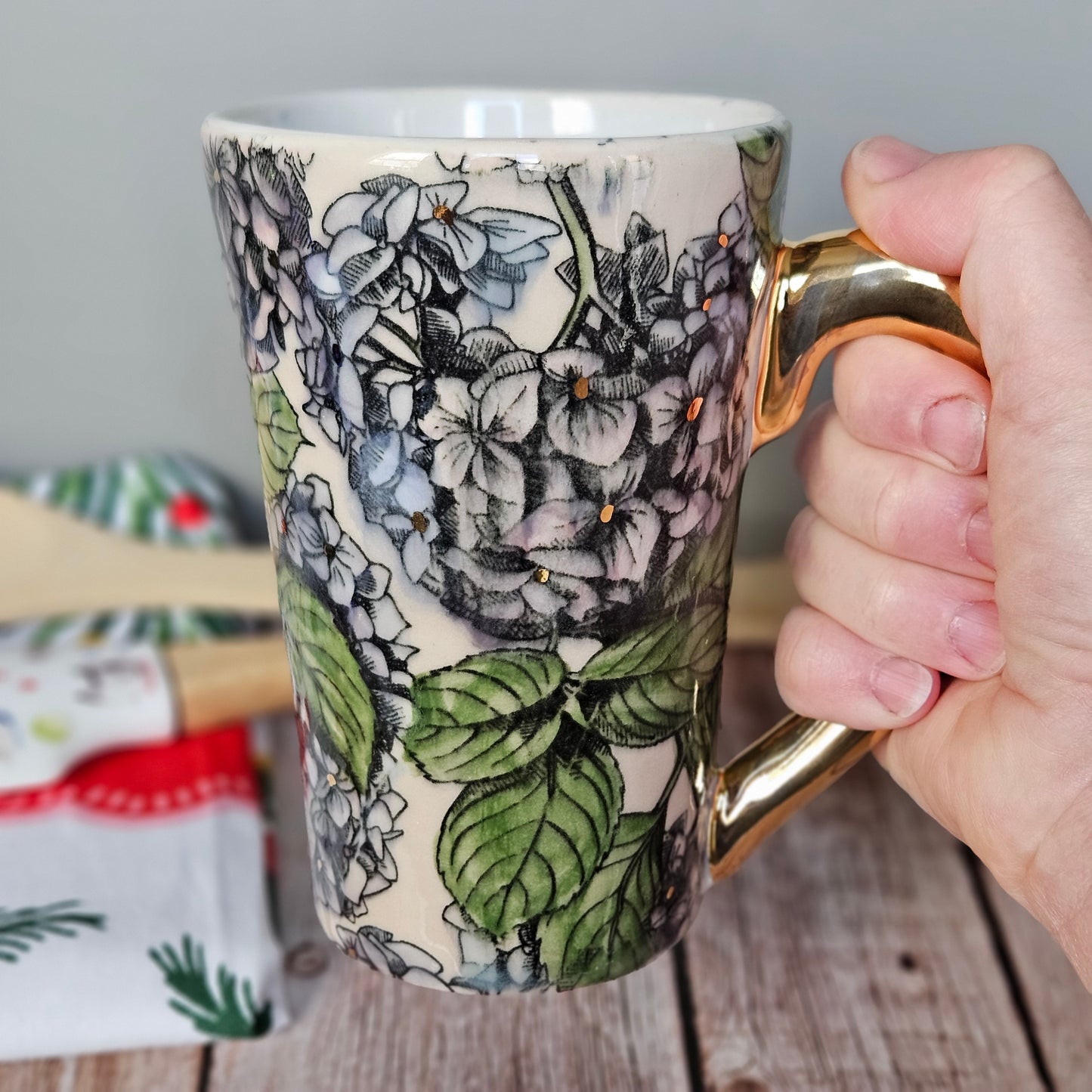 Pink and blue hydrangea mug with 22k yellow handle