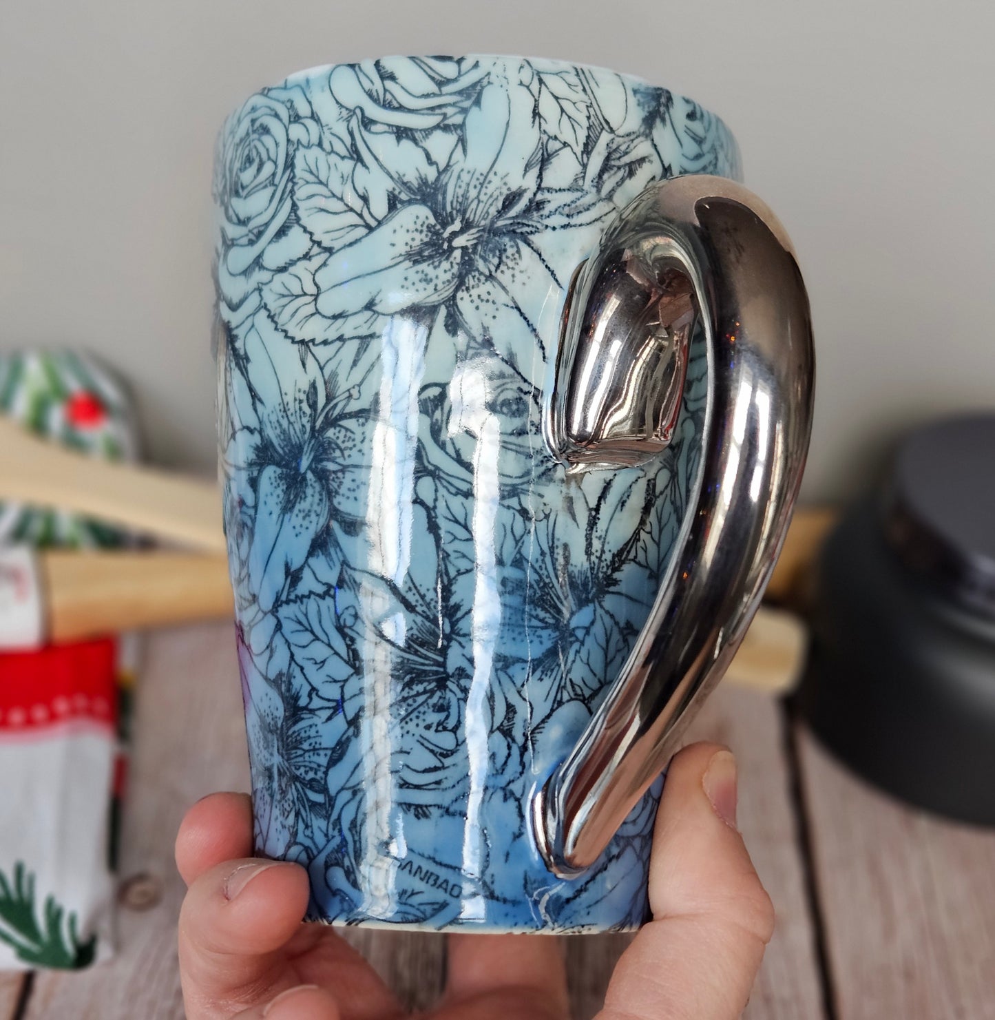 Blue ombre mug, 22k white gold handle, 10 oz.