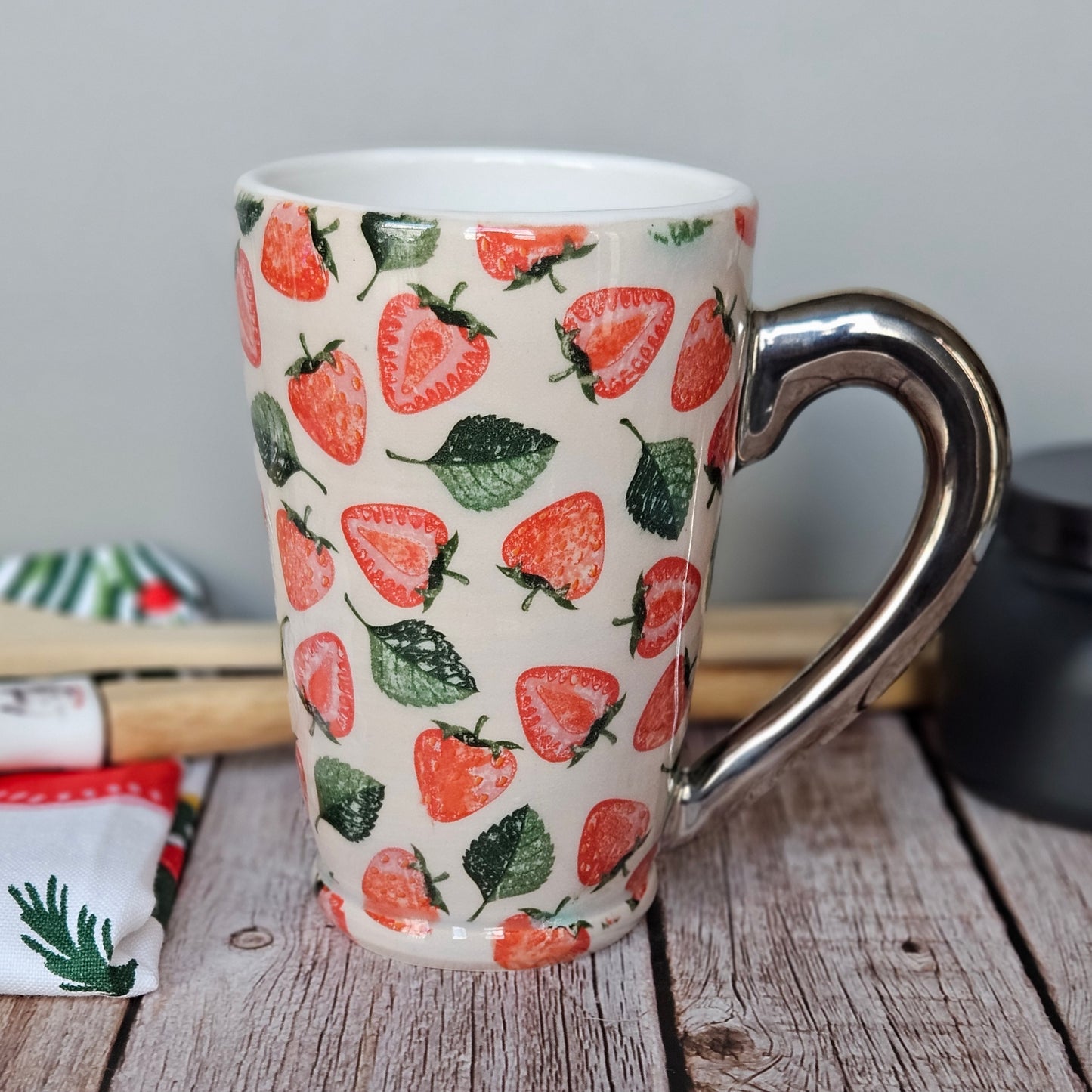 White and red strawberry mug with 22k white gold handle