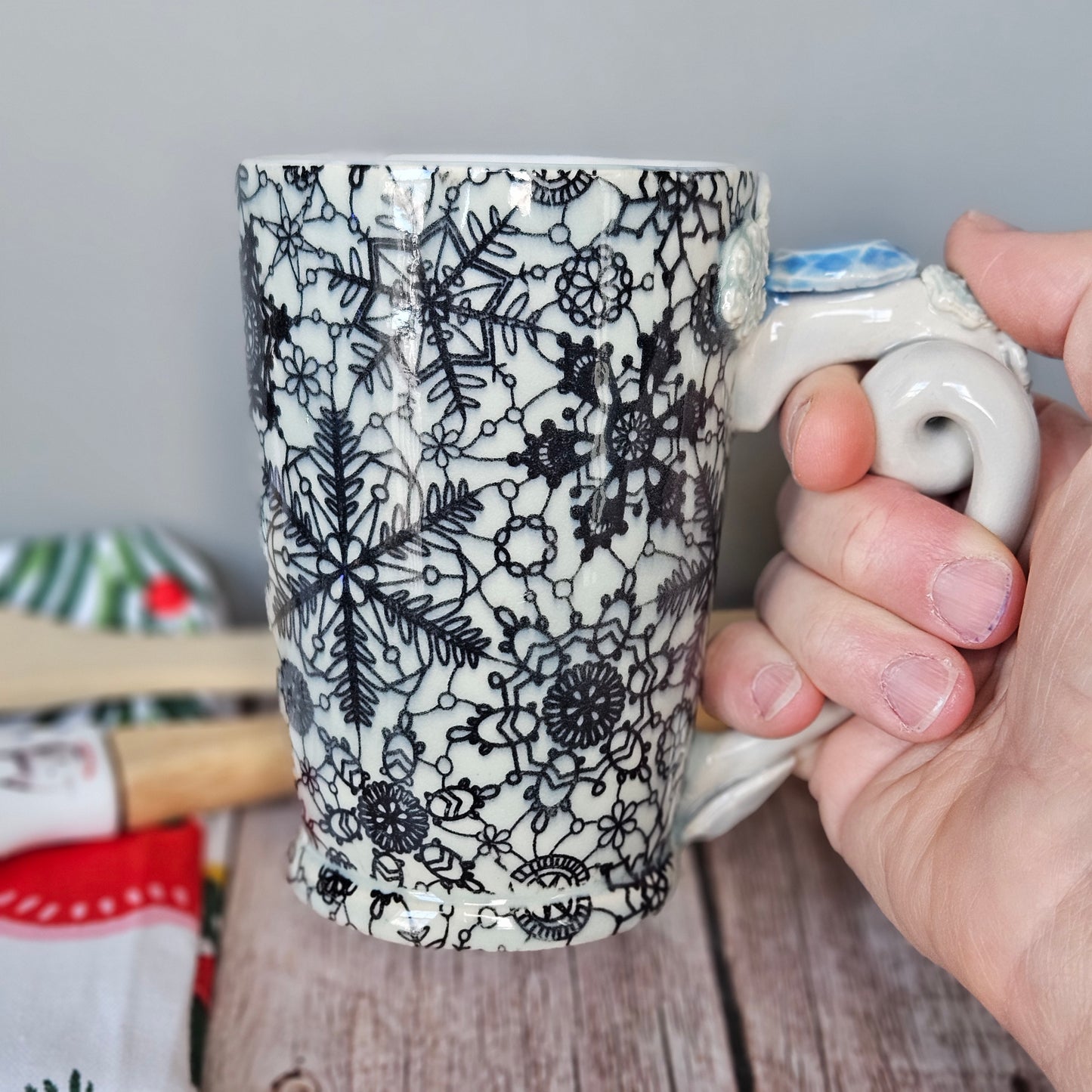 Blue and white lacey snowflake mug