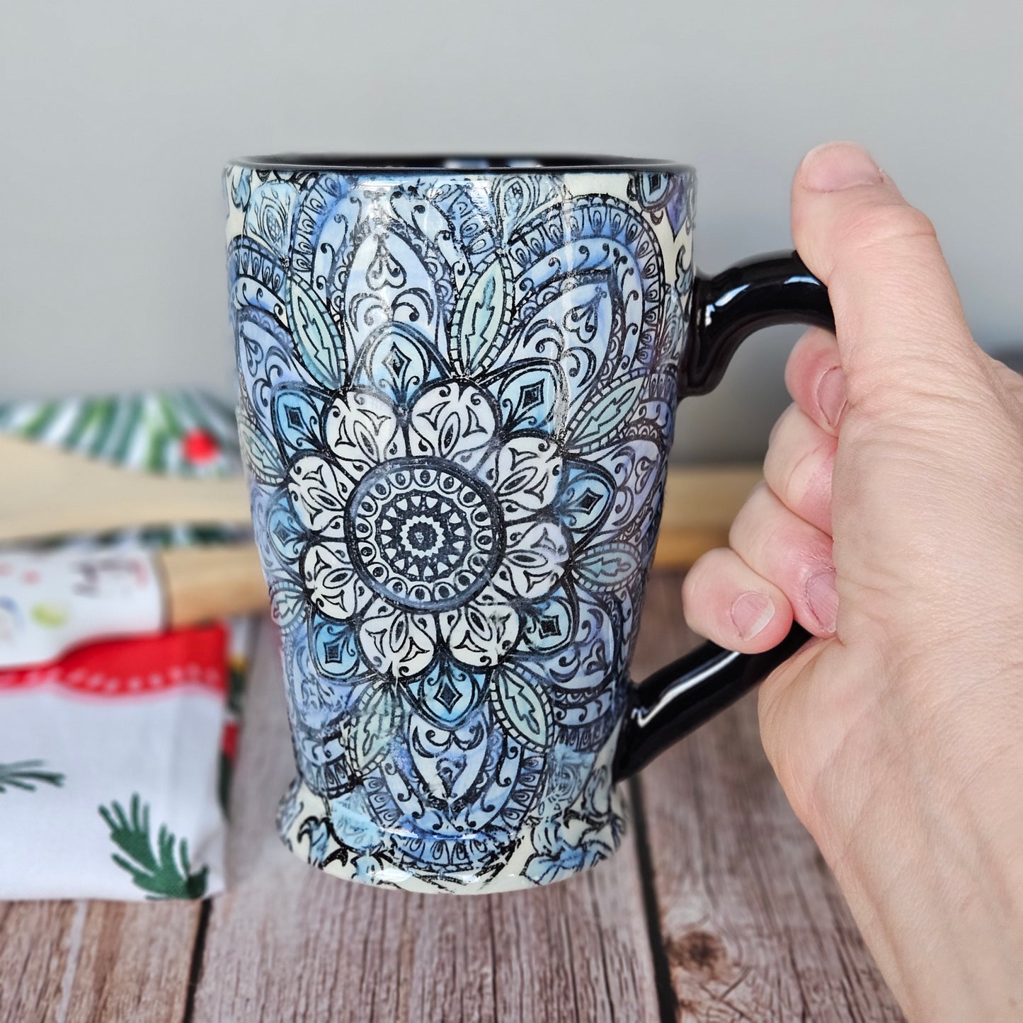 Blue monotone mandala mug, 10 oz