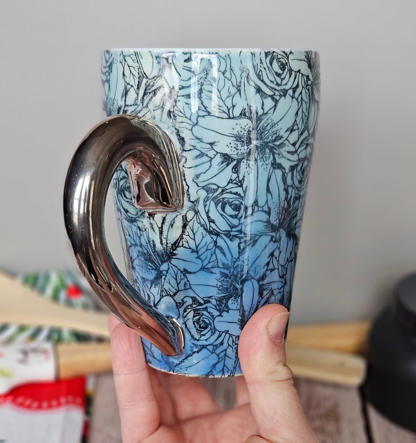 Blue ombre mug, 22k white gold handle, 10 oz.