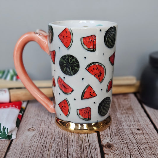 Pink and white 8 oz watermelon mug with 22k gold foot