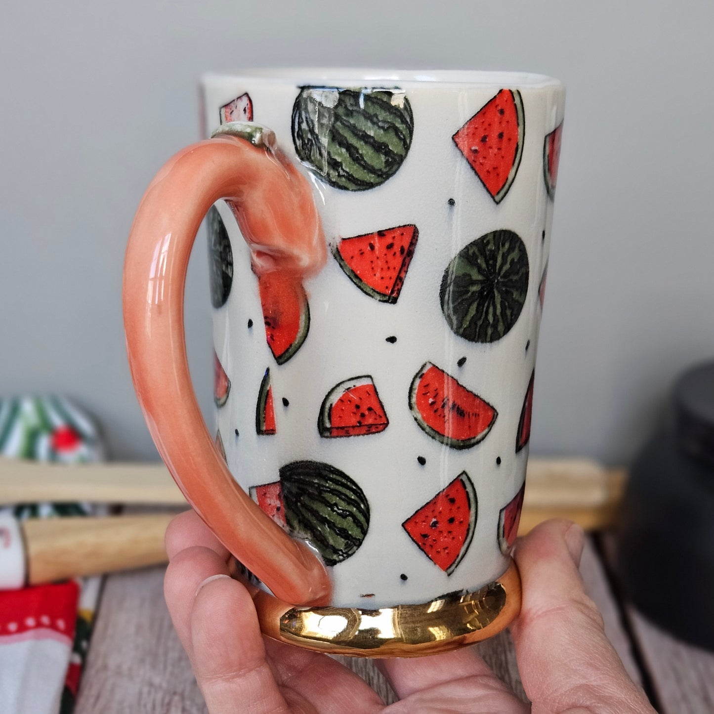 Pink and white 8 oz watermelon mug with 22k gold foot