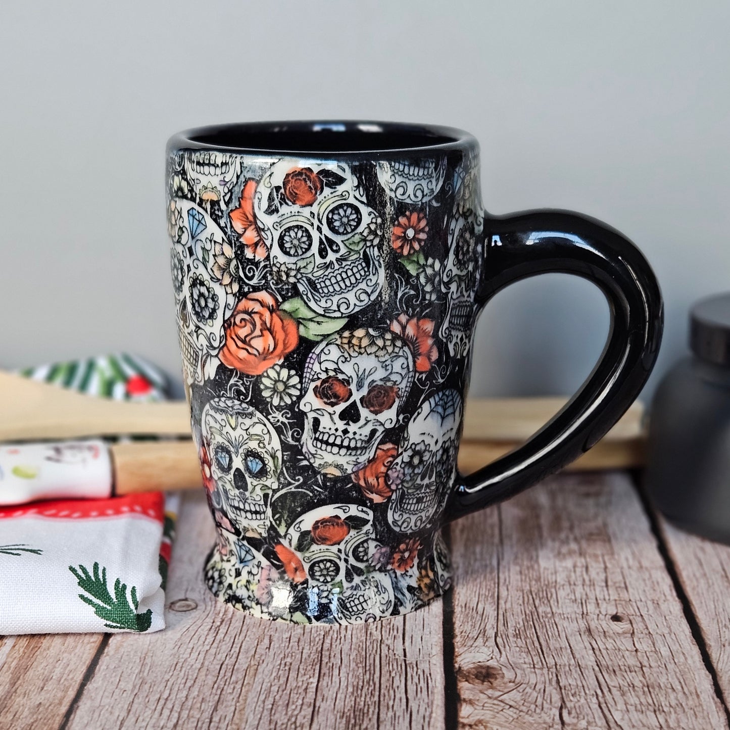 Black and white with rainbow sugar skull mug, 10 oz.