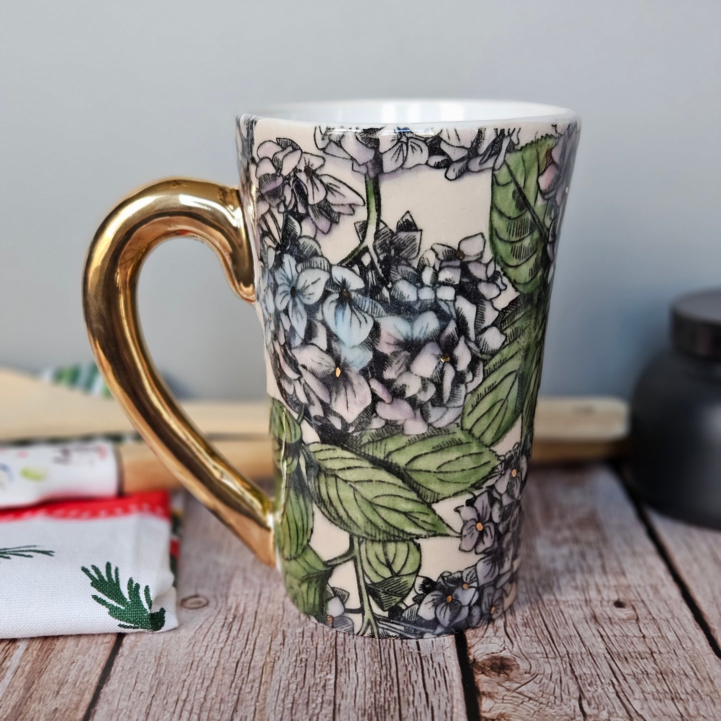 Pink and blue hydrangea mug with 22k yellow handle