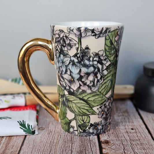 Pink and blue hydrangea mug with 22k yellow handle