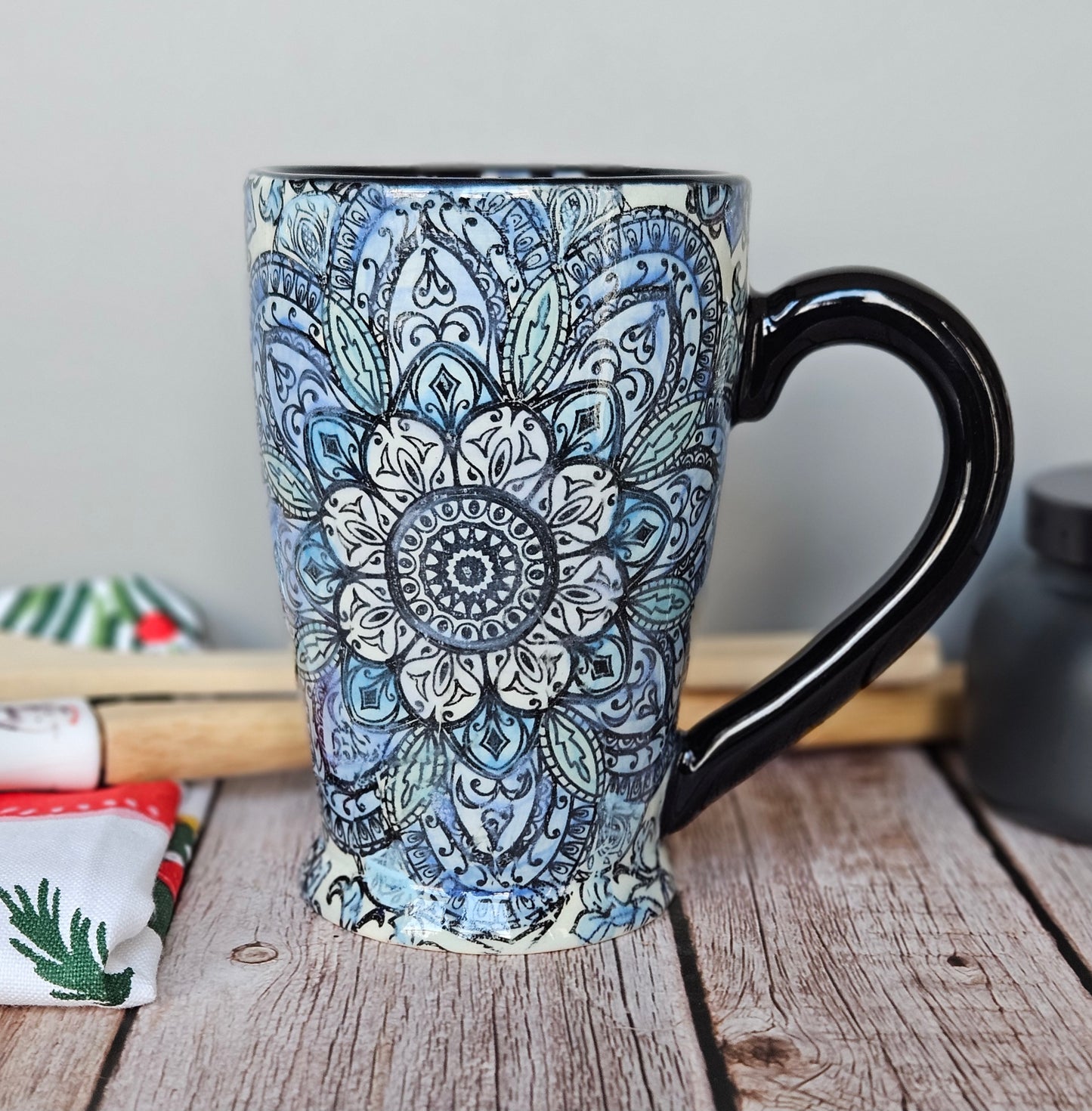 Blue monotone mandala mug, 10 oz