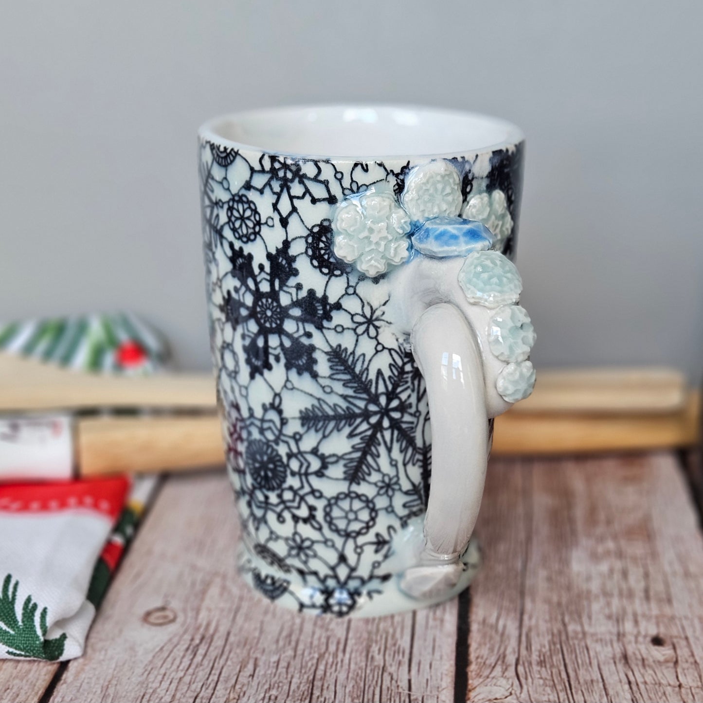 Blue and white lacey snowflake mug