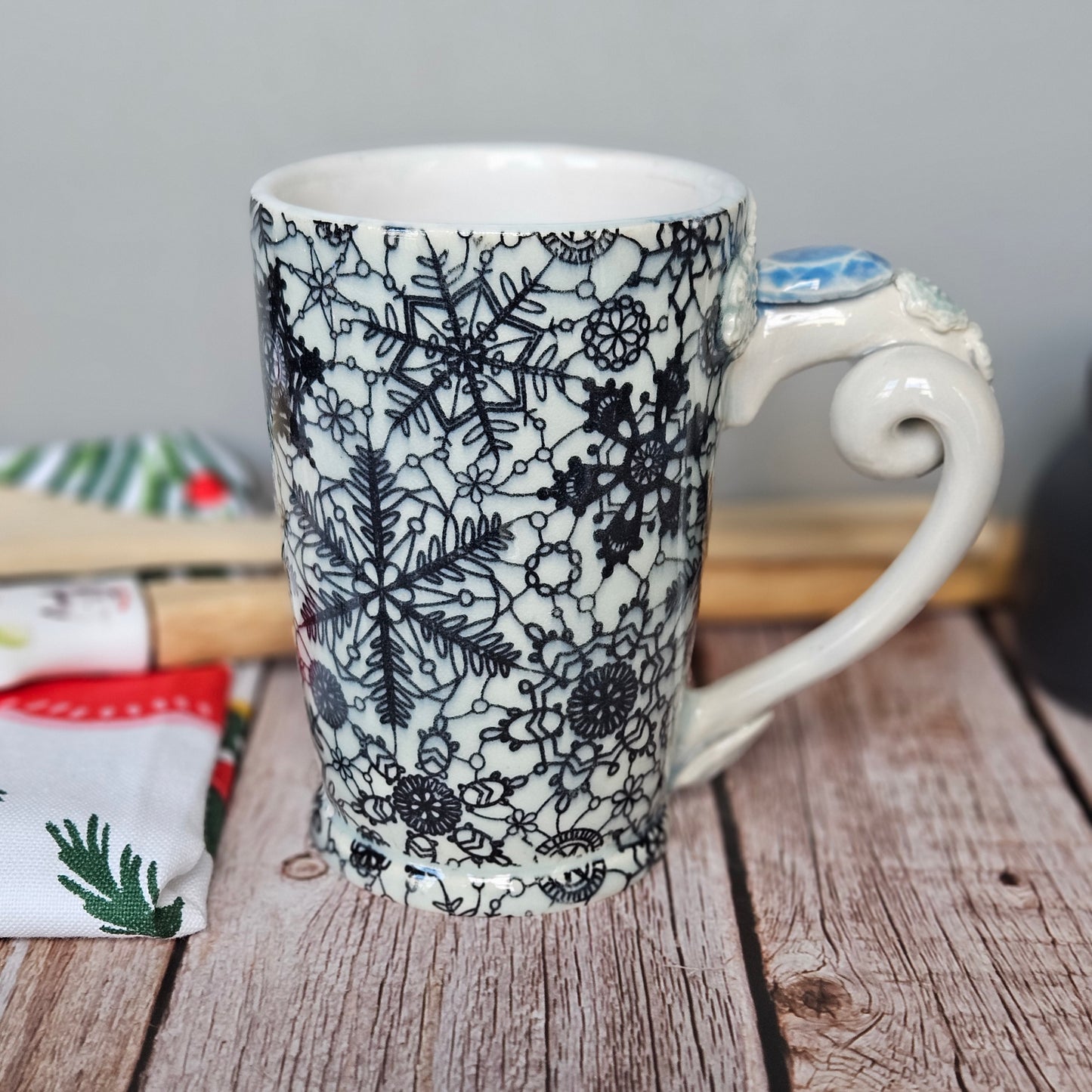 Blue and white lacey snowflake mug