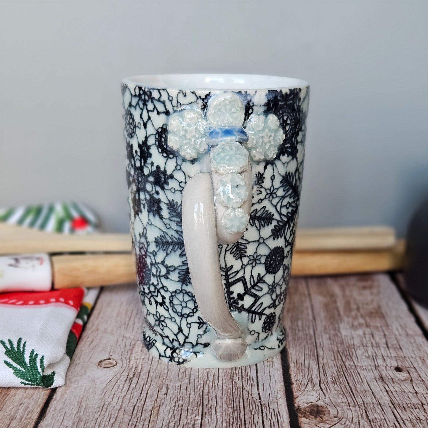 Blue and white lacey snowflake mug