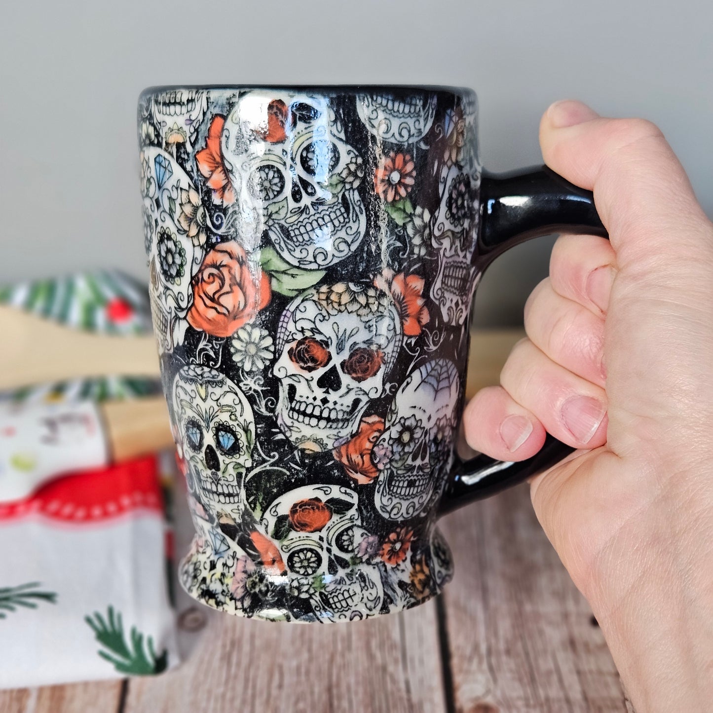 Black and white with rainbow sugar skull mug, 10 oz.