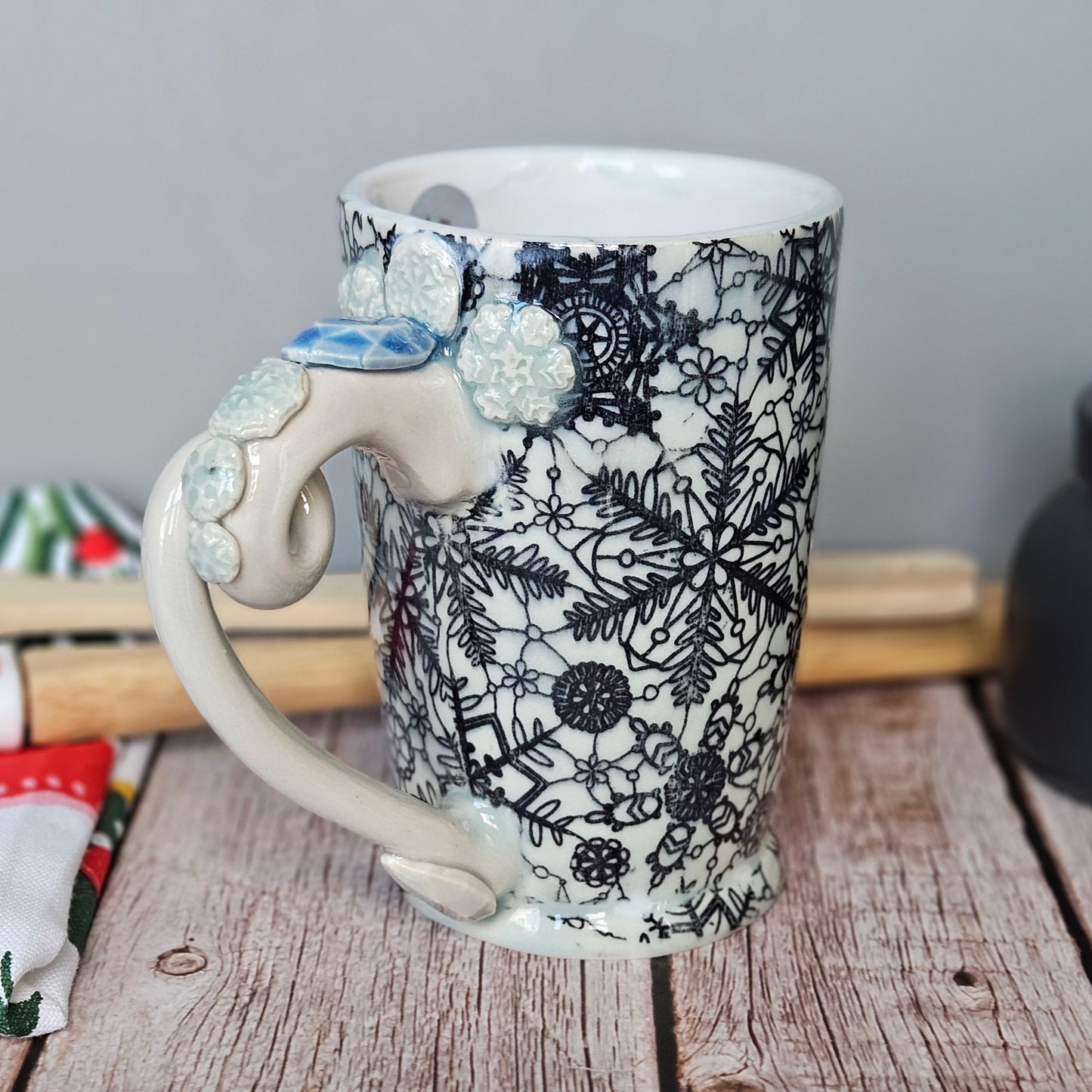 Blue and white lacey snowflake mug