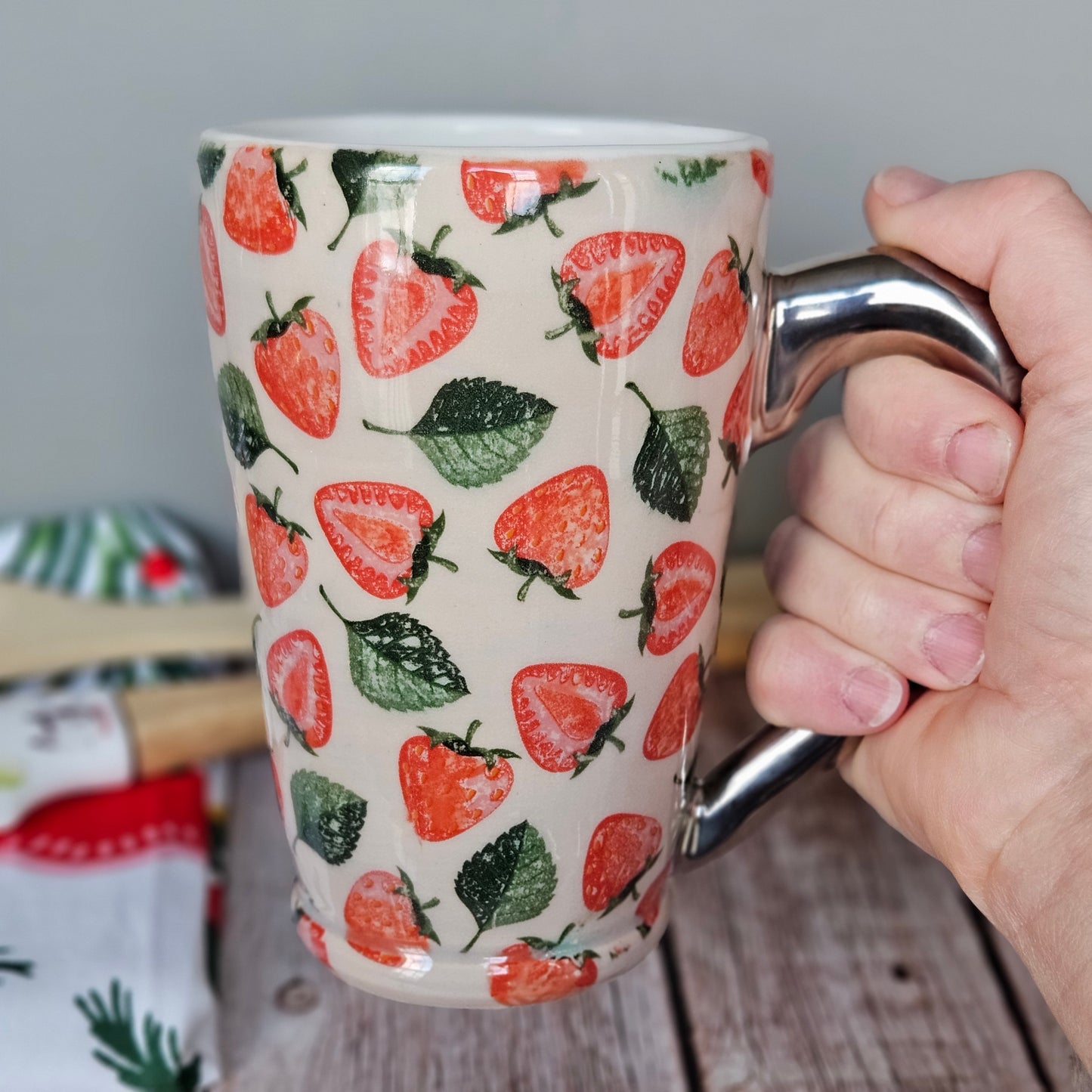 White and red strawberry mug with 22k white gold handle