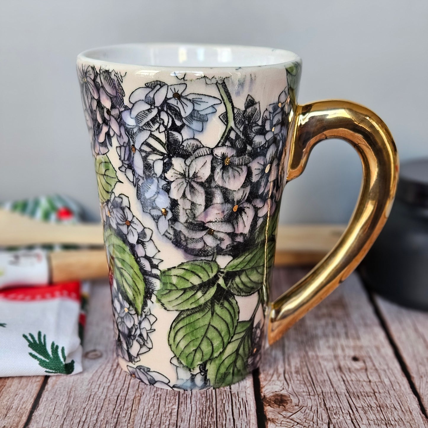 Pink and blue hydrangea mug with 22k yellow handle