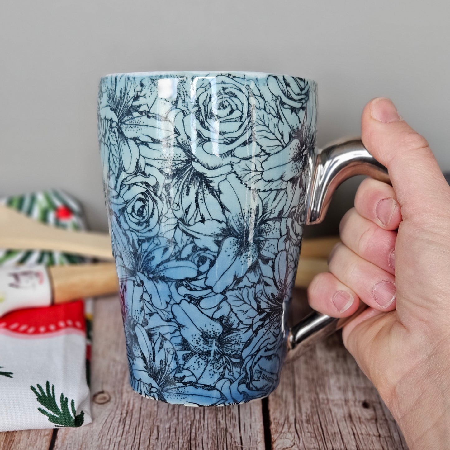 Blue ombre mug, 22k white gold handle, 10 oz.