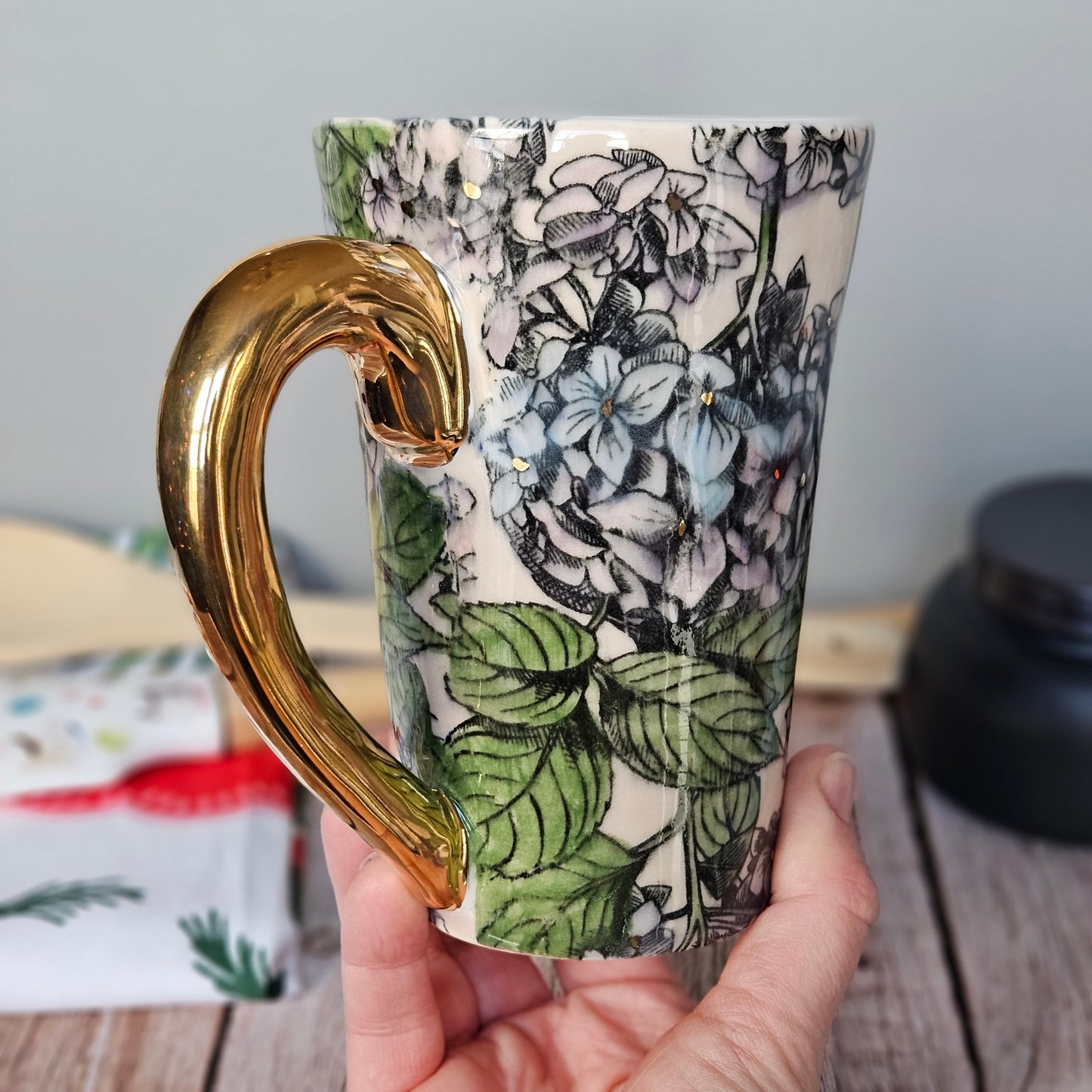 Pink and blue hydrangea mug with 22k yellow handle