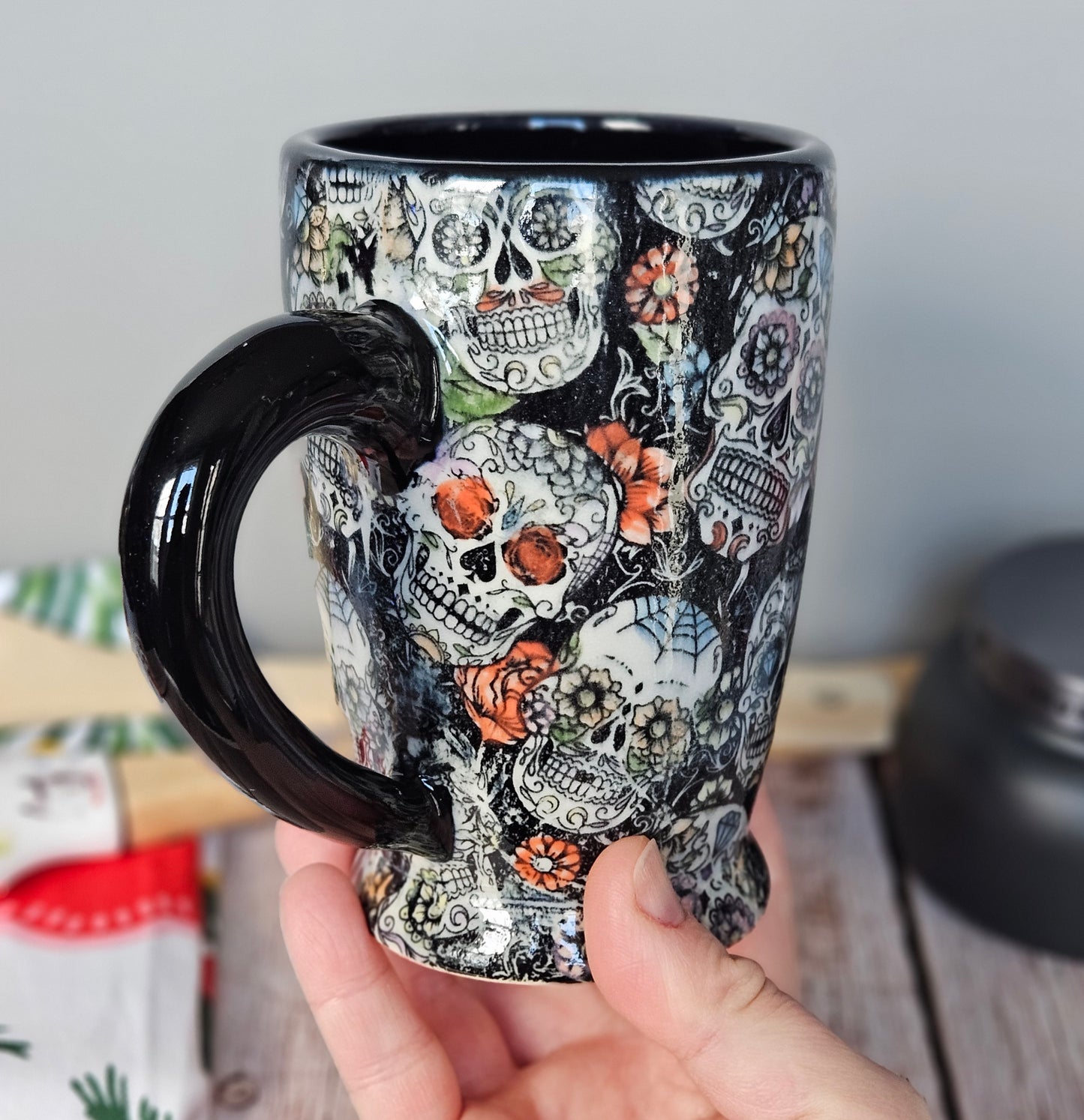 Black and white with rainbow sugar skull mug, 10 oz.