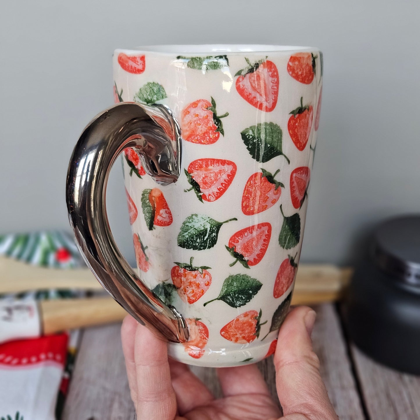 White and red strawberry mug with 22k white gold handle