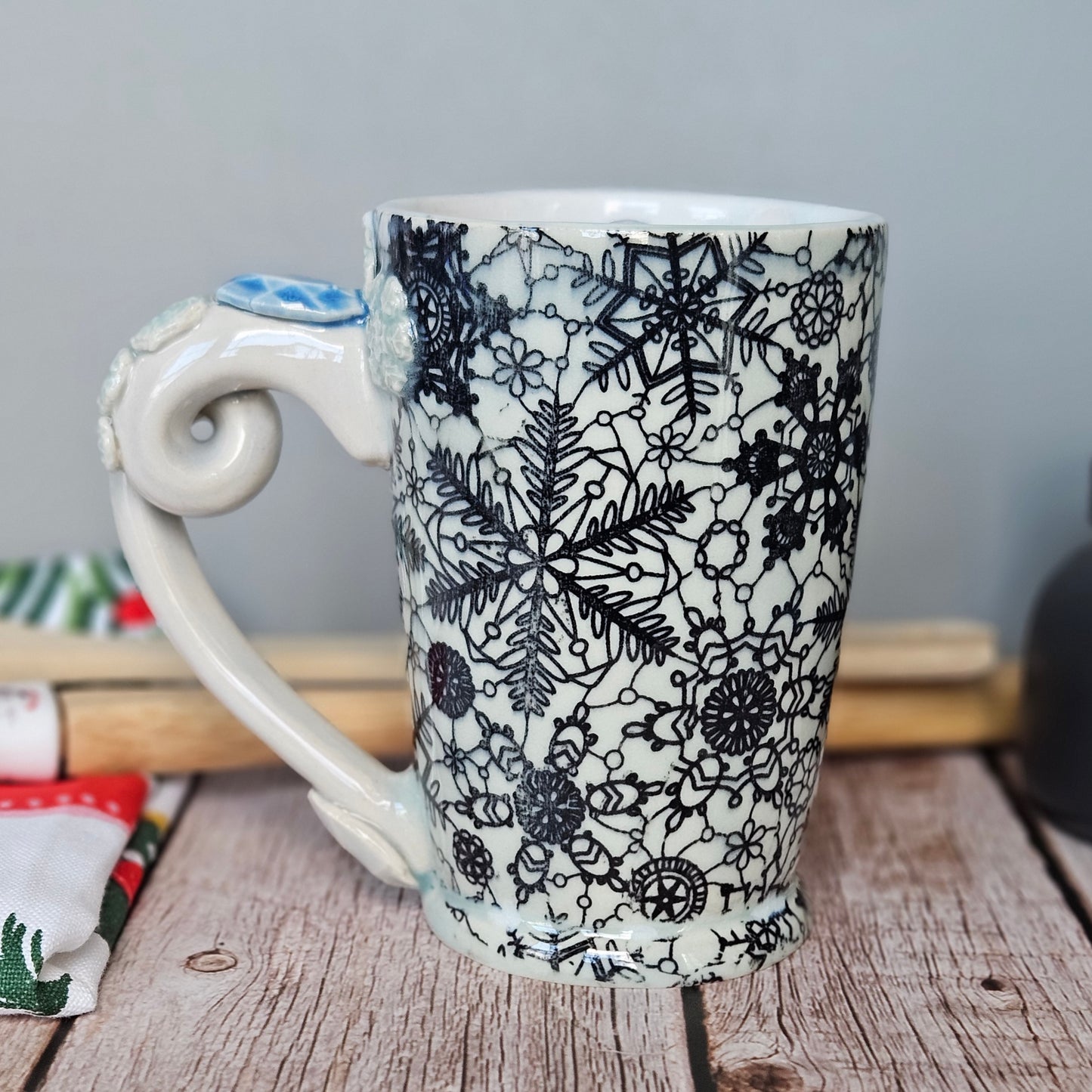 Blue and white lacey snowflake mug