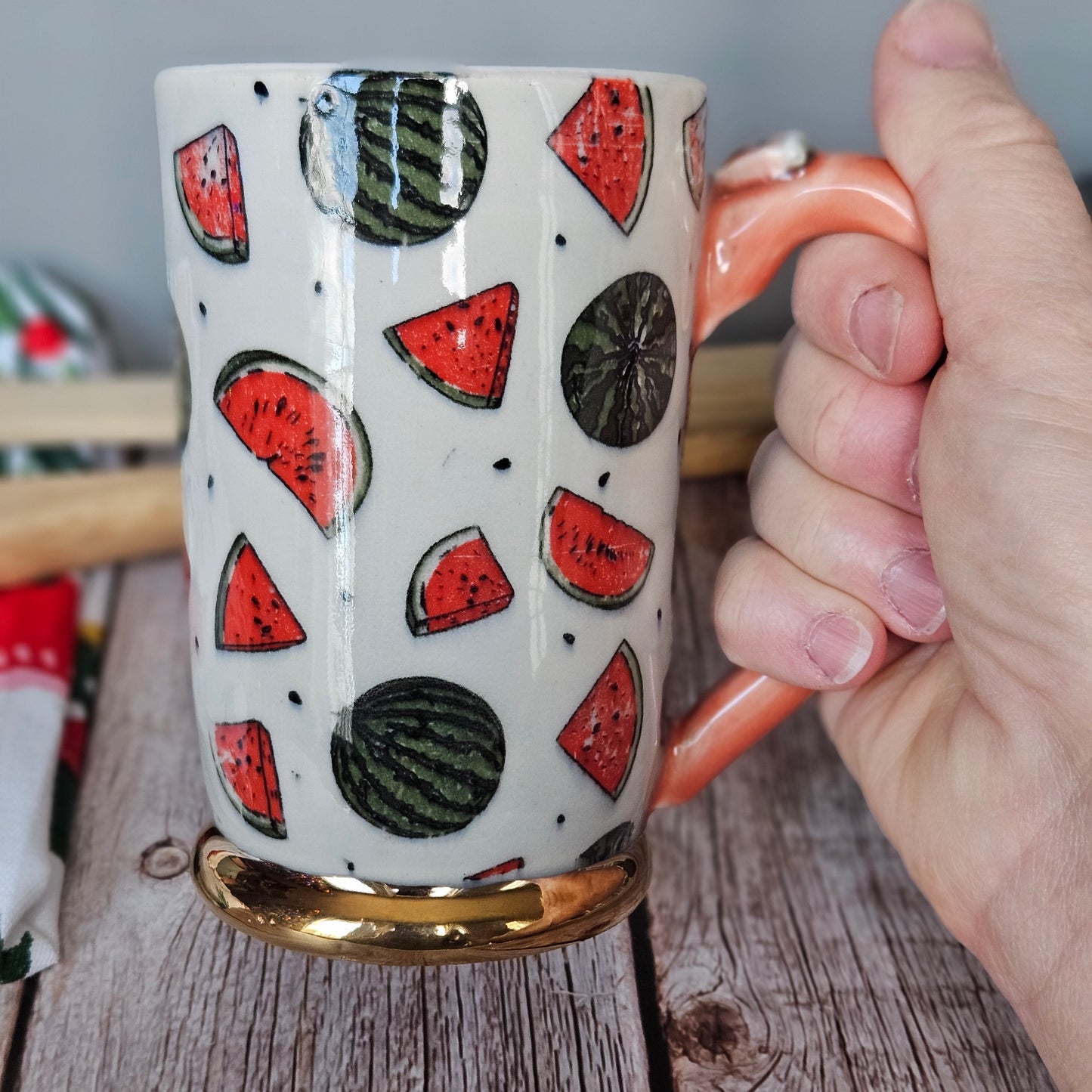 Pink and white 8 oz watermelon mug with 22k gold foot