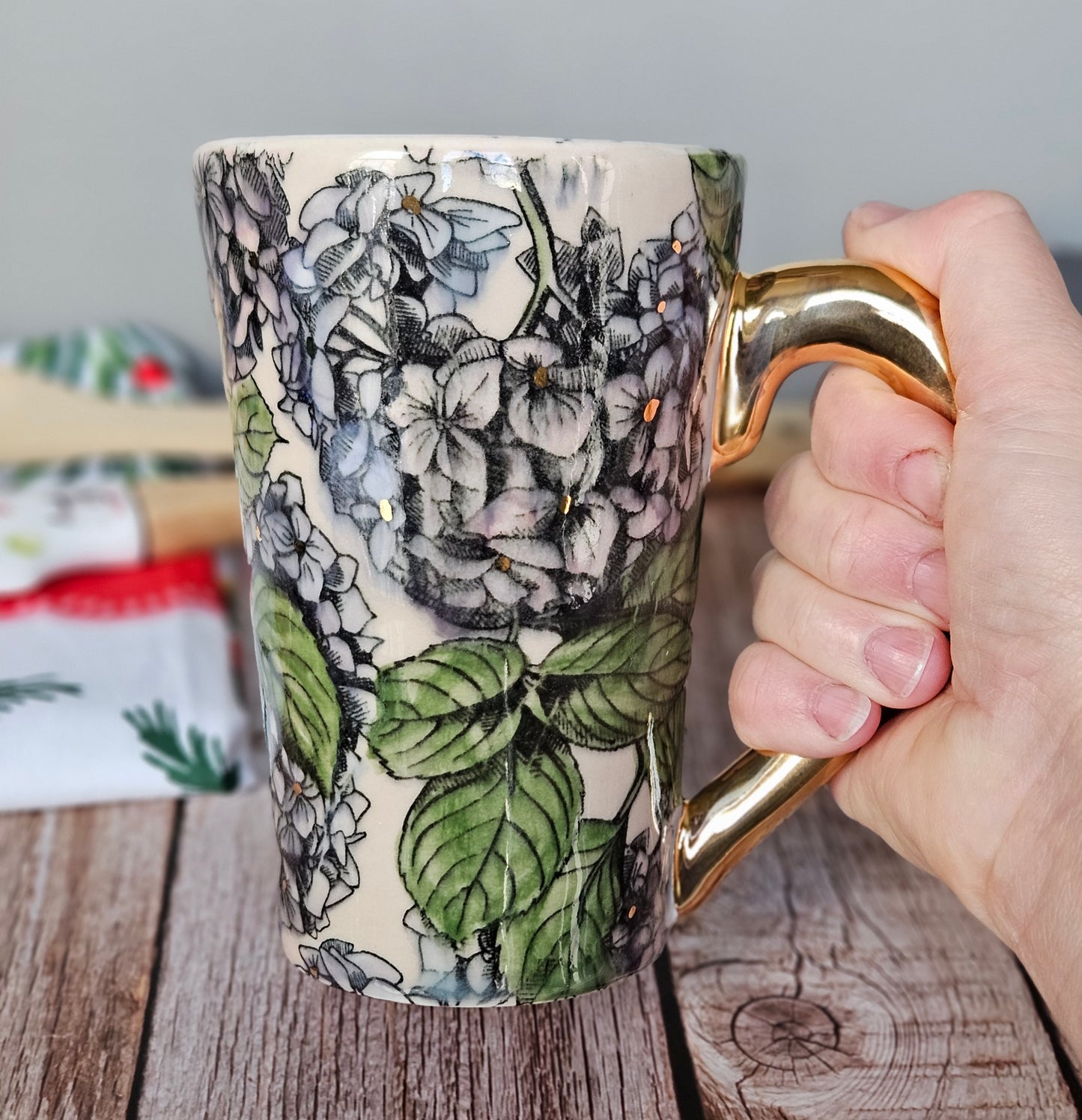 Pink and blue hydrangea mug with 22k yellow handle