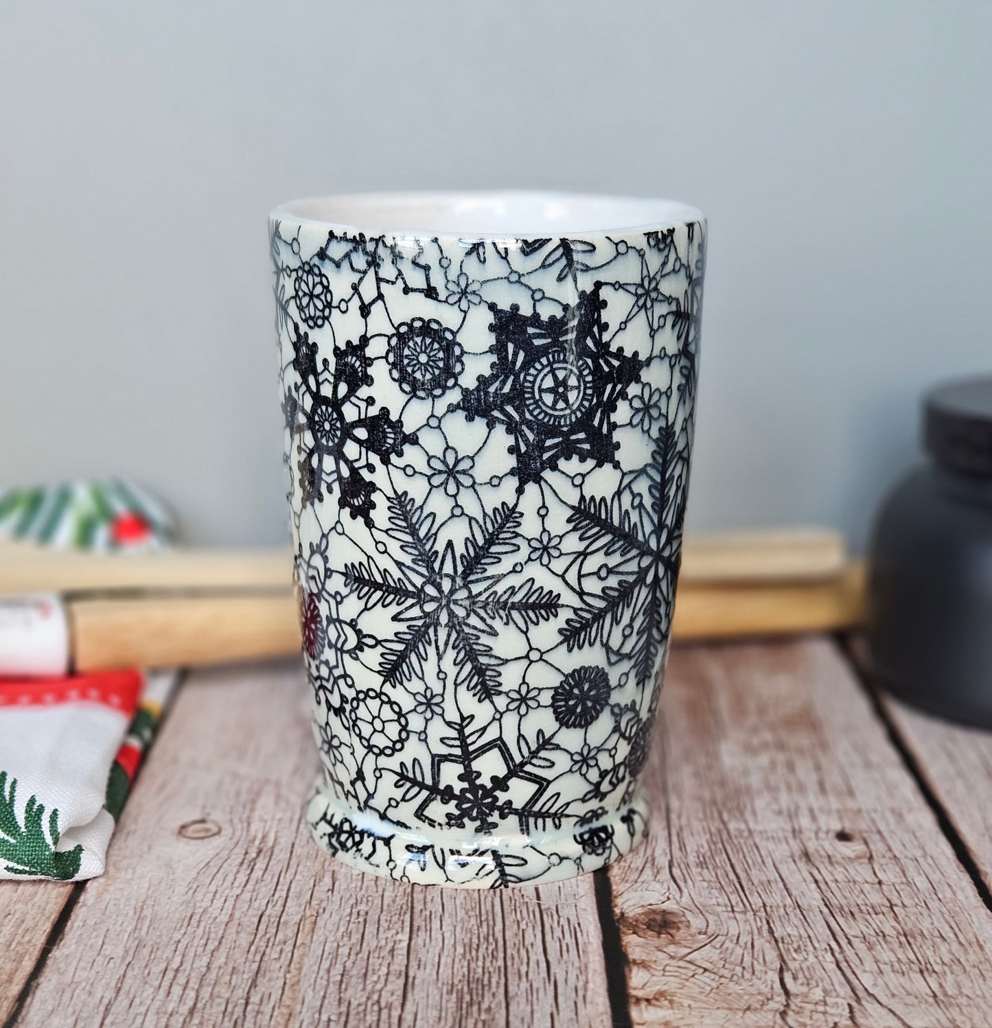 Blue and white lacey snowflake mug