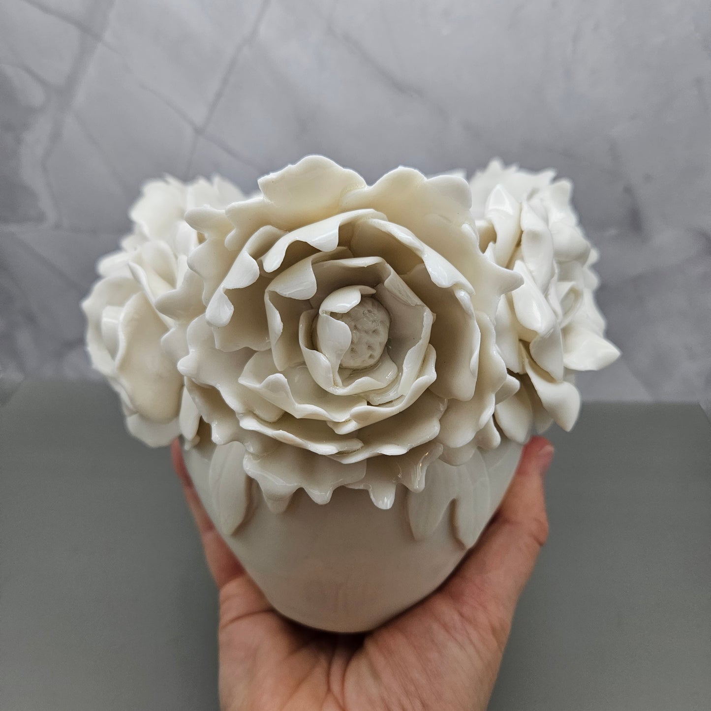 White frost vase with handmade flowers, standing 5 inches tall