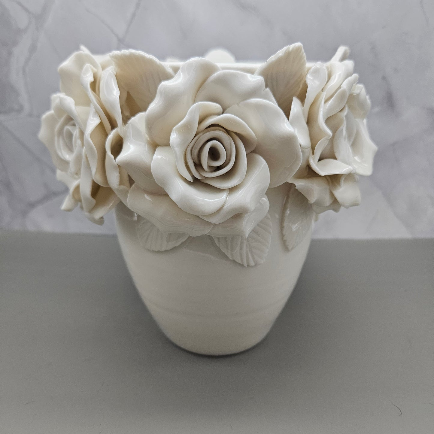 White frost 8 inch vases with roses