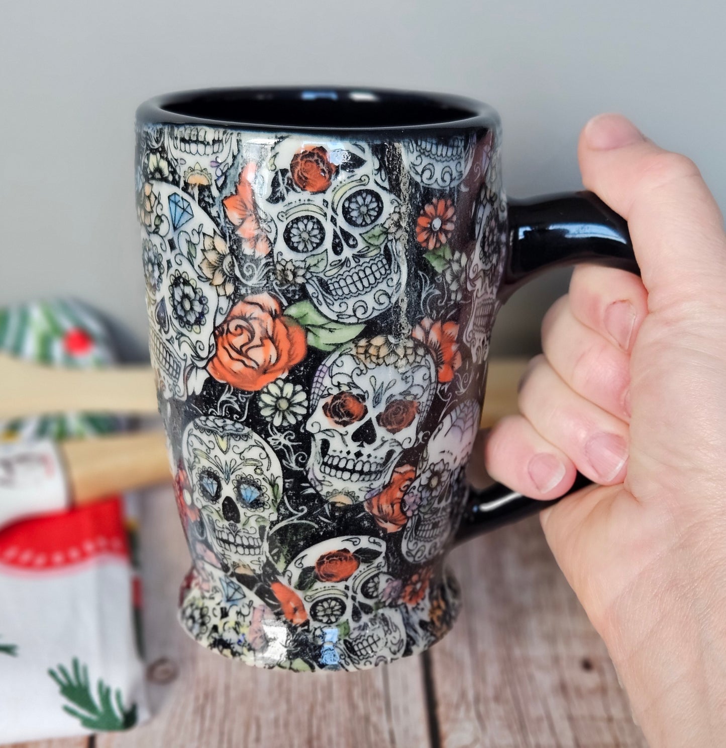 Black and white with rainbow sugar skull mug, 10 oz.