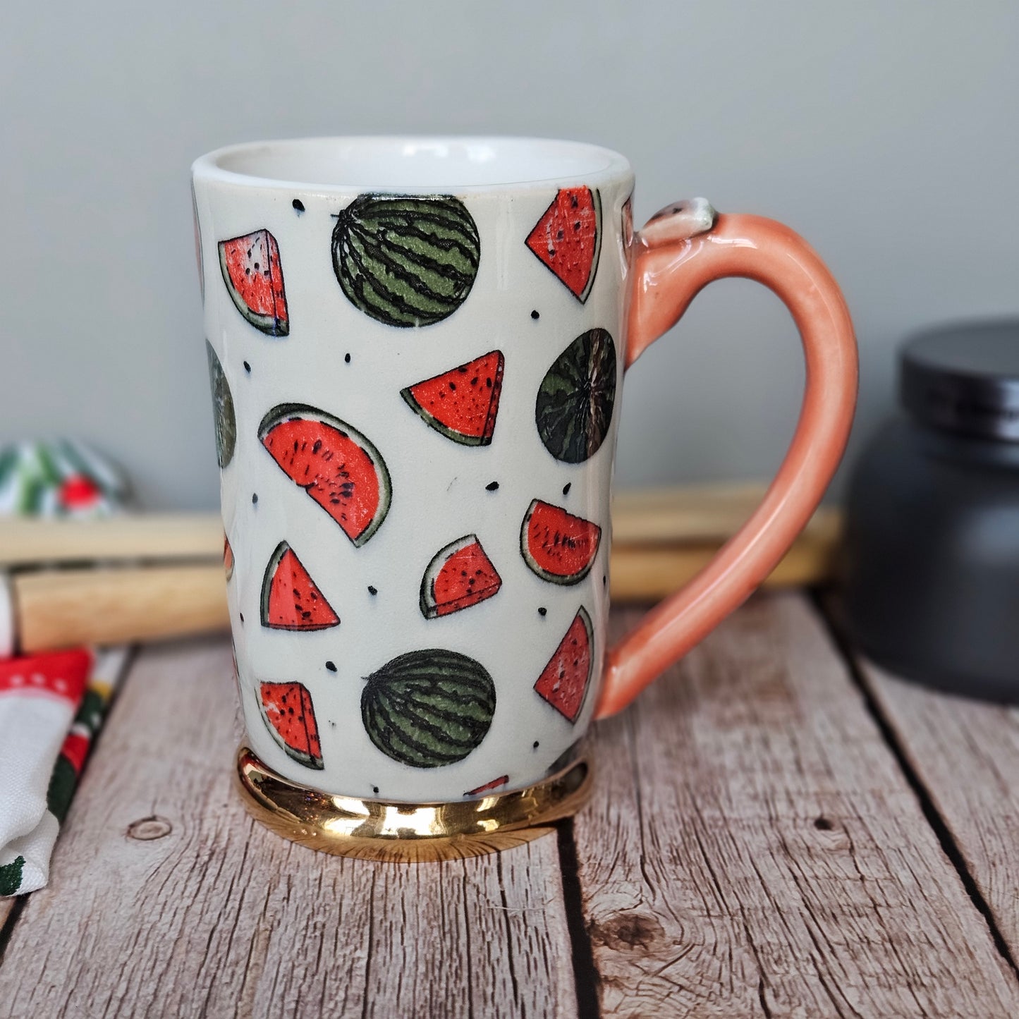 Pink and white 8 oz watermelon mug with 22k gold foot