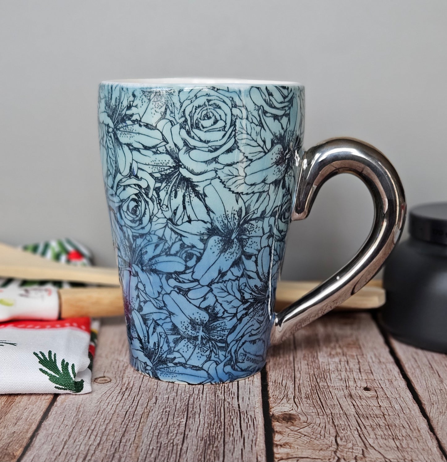 Blue ombre mug, 22k white gold handle, 10 oz.