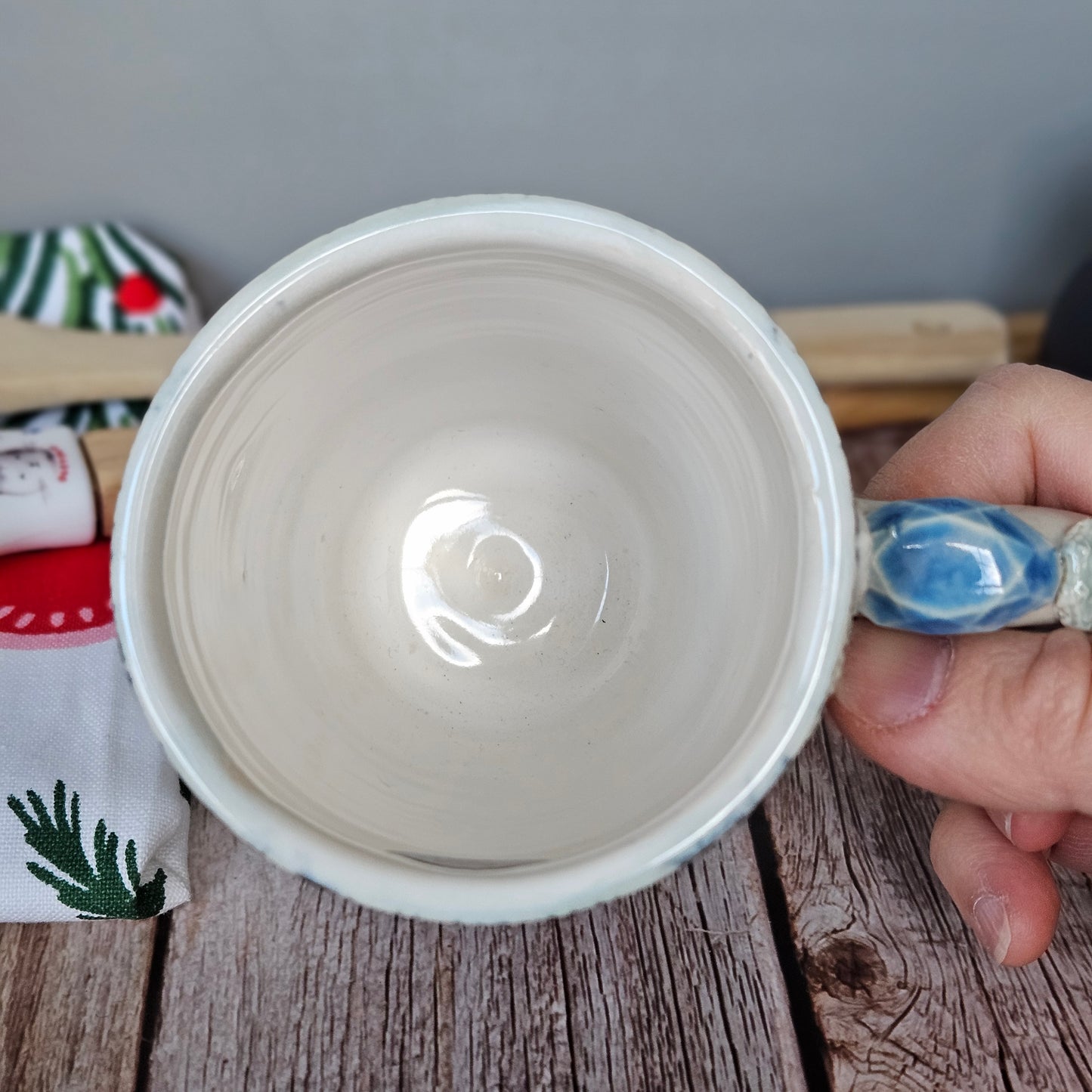 Blue and white lacey snowflake mug