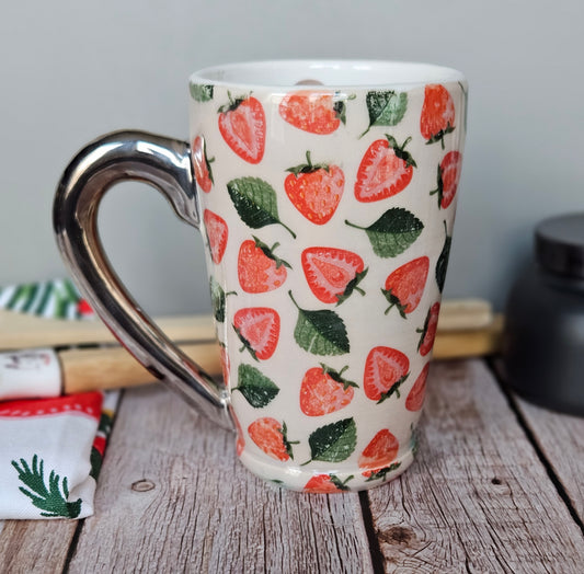 White and red strawberry mug with 22k white gold handle