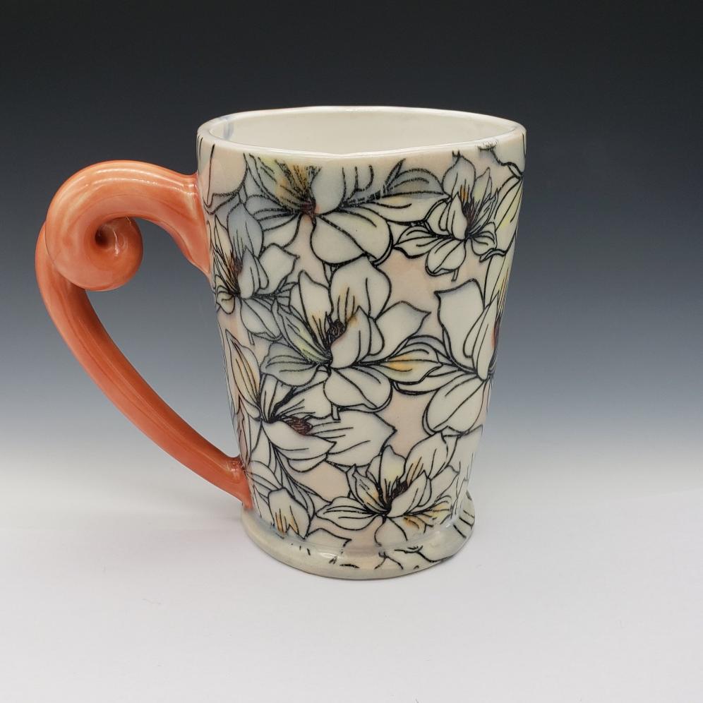 Pink and white Magnolia mug with pink twisted handle