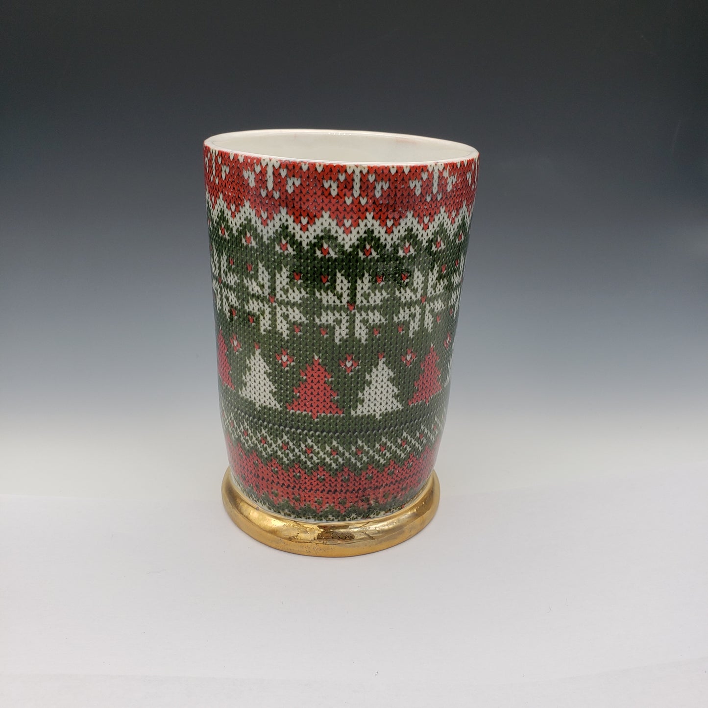 Red and green ugly sweater mug with 14k yellow gold handle and base