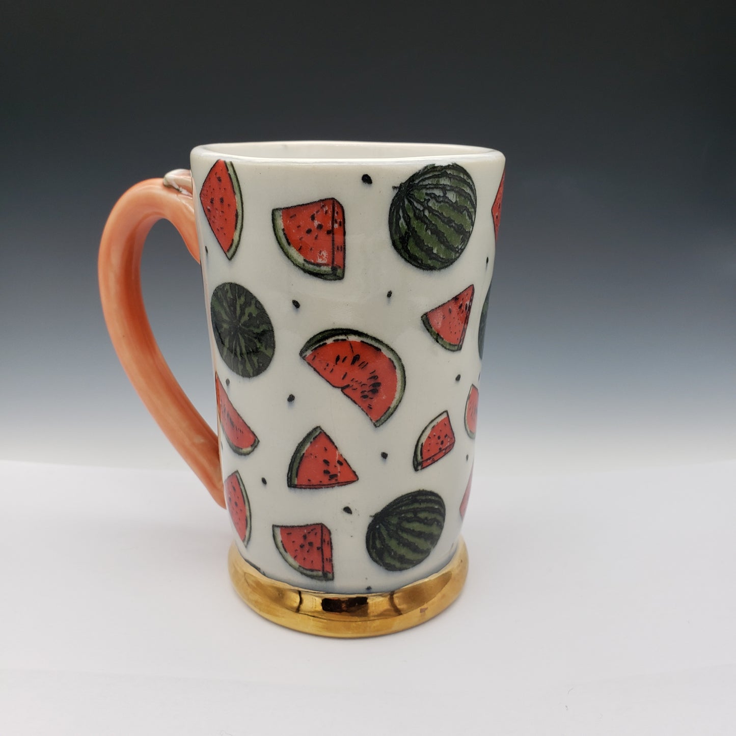 White and pink Watermelon pattern mug with 22k gold base